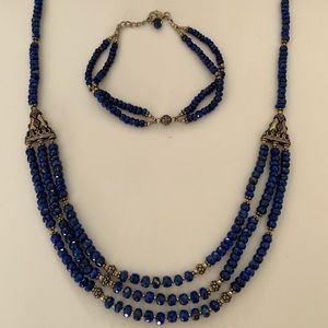 Blue Silver Bead Gem Necklace and Bracelet